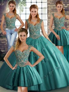 Best Teal Straps Lace Up Beading and Appliques Sweet 16 Quinceanera Dress Sleeveless