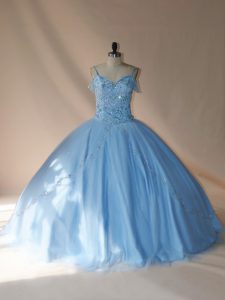  Blue and Light Blue Lace Up Quince Ball Gowns Beading Sleeveless Brush Train
