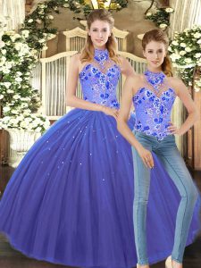 Glamorous Blue Two Pieces Embroidery 15 Quinceanera Dress Lace Up Tulle Sleeveless Floor Length