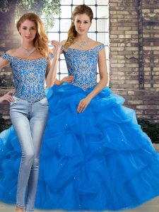 Hot Sale Blue Two Pieces Beading and Pick Ups 15th Birthday Dress Lace Up Tulle Sleeveless