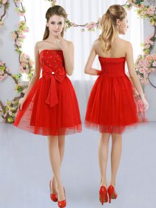 High End Red Empire Strapless Sleeveless Tulle Mini Length Side Zipper Beading and Bowknot Damas Dress
