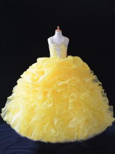 Nice Yellow Zipper Straps Beading and Ruffles and Pick Ups Little Girl Pageant Dress Organza Sleeveless
