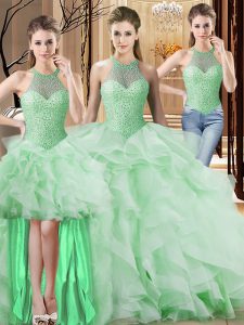 Fine Sleeveless Brush Train Beading and Ruffles Lace Up Quince Ball Gowns
