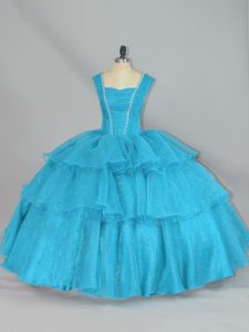 Captivating Aqua Blue Organza Lace Up 15 Quinceanera Dress Sleeveless Floor Length Beading and Ruffled Layers