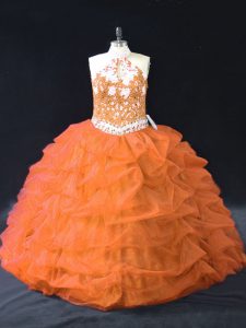  Sleeveless Organza Floor Length Backless 15 Quinceanera Dress in Orange with Pick Ups