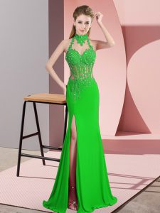  Green Halter Top Neckline Lace and Appliques Prom Evening Gown Sleeveless Backless