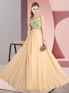 New Style Peach Chiffon Backless Vestidos de Damas Sleeveless Floor Length Beading and Appliques
