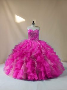  Sweetheart Sleeveless 15th Birthday Dress Floor Length Beading and Ruffles Fuchsia Organza