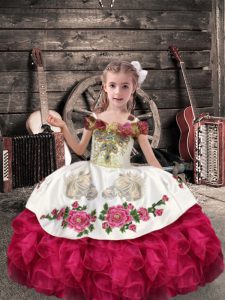  Coral Red Sleeveless Floor Length Beading and Embroidery and Ruffles Lace Up Little Girl Pageant Gowns