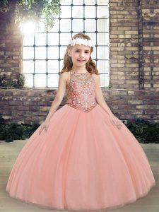 New Style Floor Length Ball Gowns Sleeveless Peach Little Girl Pageant Gowns Lace Up