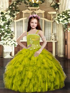 Custom Design Straps Sleeveless Pageant Gowns For Girls Floor Length Ruffles Olive Green Tulle