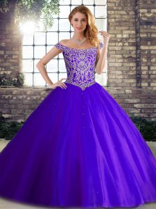Charming Beading Sweet 16 Dresses Purple Lace Up Sleeveless Brush Train