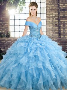 Trendy Off The Shoulder Sleeveless Organza Quinceanera Gown Beading and Ruffles Brush Train Lace Up
