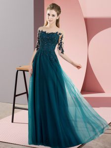 Extravagant Peacock Green Half Sleeves Chiffon Lace Up Damas Dress for Wedding Party