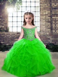  Green Ball Gowns Off The Shoulder Sleeveless Tulle Floor Length Lace Up Beading Little Girls Pageant Dress Wholesale