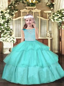  Aqua Blue Organza Zipper Scoop Sleeveless Floor Length Little Girls Pageant Dress Wholesale Beading