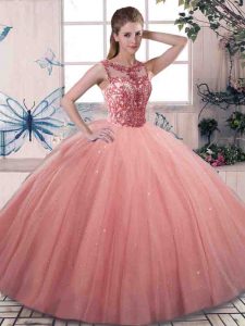 Traditional Floor Length Lace Up Vestidos de Quinceanera Watermelon Red for Military Ball and Sweet 16 and Quinceanera with Beading