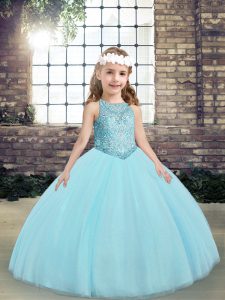  Beading and Appliques Little Girls Pageant Gowns Aqua Blue Lace Up Sleeveless Floor Length