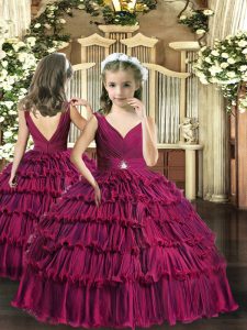  Fuchsia Backless Girls Pageant Dresses Beading and Ruffled Layers Sleeveless Floor Length