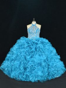 Adorable Floor Length Blue Quince Ball Gowns Organza Sleeveless Beading and Ruffles