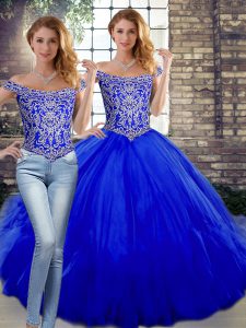  Sleeveless Floor Length Beading and Ruffles Lace Up Quinceanera Gowns with Royal Blue
