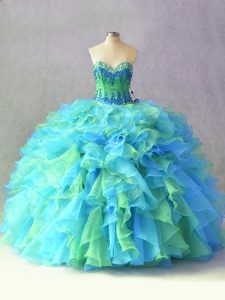 Superior Sweetheart Sleeveless Quinceanera Dresses Floor Length Beading and Ruffles Multi-color Organza