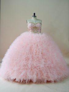  Brush Train Ball Gowns Quinceanera Dress Baby Pink Sweetheart Tulle Sleeveless Lace Up