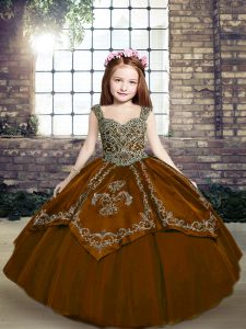 Cute Tulle Straps Sleeveless Lace Up Beading and Embroidery Little Girls Pageant Dress Wholesale in Brown