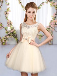 Super Sleeveless Tulle Mini Length Lace Up Quinceanera Court of Honor Dress in Champagne with Lace and Bowknot