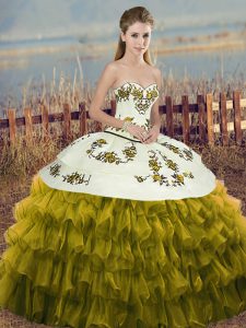 Sumptuous Embroidery and Ruffled Layers and Bowknot Sweet 16 Quinceanera Dress Olive Green Lace Up Sleeveless Floor Length