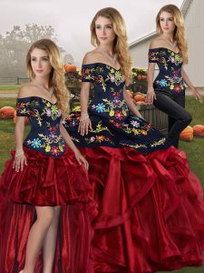  Red And Black Three Pieces Organza Off The Shoulder Sleeveless Embroidery and Ruffles Floor Length Lace Up Quinceanera Gown