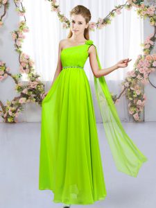 Latest Yellow Green Empire Beading and Hand Made Flower Dama Dress Lace Up Chiffon Sleeveless Floor Length