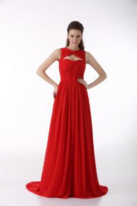  Chiffon Sweetheart Sleeveless Brush Train Zipper Ruching Prom Dress in Red