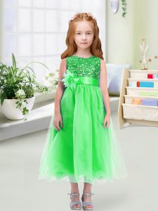 Hot Sale Sequins and Hand Made Flower Flower Girl Dresses for Less Green Zipper Sleeveless Tea Length