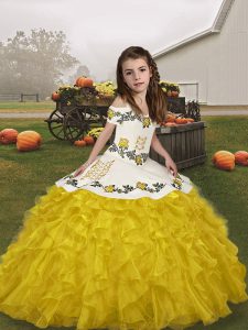  Ball Gowns Kids Pageant Dress Gold Straps Organza Sleeveless Floor Length Lace Up