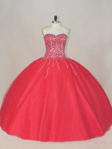 Attractive Sweetheart Sleeveless Quinceanera Gown Floor Length Beading Coral Red Tulle