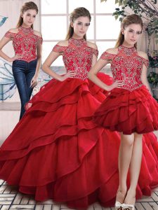 Enchanting Red Quince Ball Gowns Sweet 16 and Quinceanera with Beading and Ruffles High-neck Sleeveless Lace Up