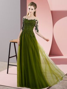 Eye-catching Bateau Half Sleeves Dama Dress for Quinceanera Floor Length Beading and Lace Olive Green Chiffon