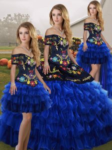 Cute Sleeveless Floor Length Embroidery and Ruffled Layers Lace Up Sweet 16 Dresses with Blue And Black 
