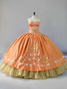  Orange Quinceanera Gown Sweet 16 and Quinceanera with Embroidery and Ruffled Layers Sweetheart Sleeveless Lace Up