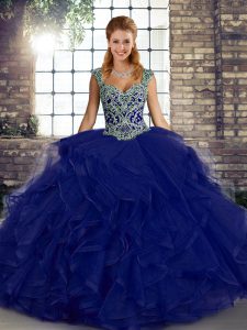  Purple Ball Gowns Tulle Straps Sleeveless Beading and Ruffles Floor Length Lace Up Quinceanera Gown