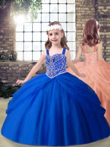  Beading Kids Pageant Dress Royal Blue Lace Up Sleeveless Floor Length