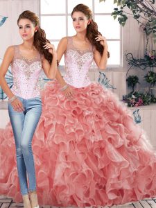  Sleeveless Floor Length Beading and Ruffles Clasp Handle 15th Birthday Dress with Watermelon Red