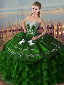  Green Sweet 16 Quinceanera Dress Sweet 16 and Quinceanera with Embroidery and Ruffles Sweetheart Sleeveless Lace Up