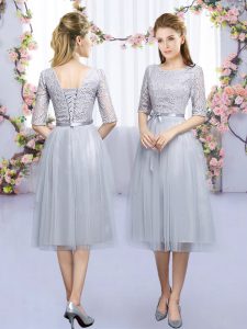  Scoop Half Sleeves Dama Dress for Quinceanera Tea Length Lace and Belt Grey Tulle