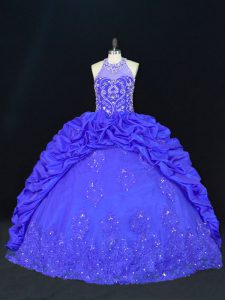 High Class Halter Top Sleeveless Quince Ball Gowns Floor Length Beading and Appliques and Embroidery and Pick Ups Royal Blue Taffeta