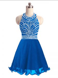 Hot Selling Blue A-line Halter Top Sleeveless Chiffon Mini Length Lace Up Beading Prom Dress