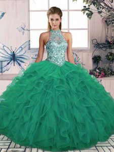  Floor Length Turquoise Sweet 16 Dress Halter Top Sleeveless Lace Up