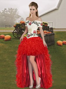  Red Lace Up Off The Shoulder Embroidery and Ruffles Homecoming Dress Organza Sleeveless