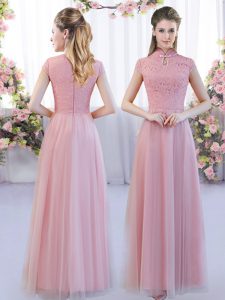 Romantic Floor Length Pink Dama Dress for Quinceanera High-neck Cap Sleeves Zipper